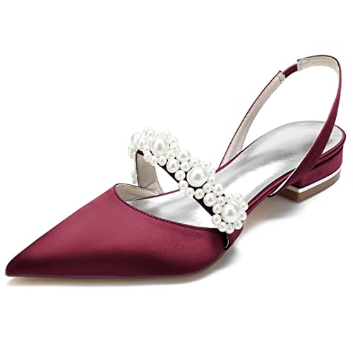 Image of Satin Pearls Wedding Shoes for Bride Flat Pointed Toe Women Slingback Flats