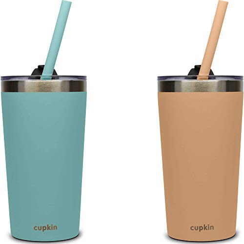 Stackable Stainless Steel Cups For Kids and Toddlers (EASY to Clean) - Set of 2 Powder Coated Vacuum Insulated Tumblers, 2 Non BPA Lids & 2 Food Grade Reusable Silicone Straws (Peach + Teal, 12 OZ)
