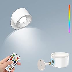 Lamparas De Sal Funcion Auezona Aplique Pared Interior con Pilas Regulable, Giratoria de 360°,3 Niveles de Brillo, 16 Modos de Color, Lampara Pared Sin Cable Blanca con Control Remoto para Dormitorio, Sala, Pasillo