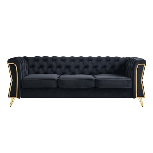 Image of KEIKI 87 inch Chesterfield Velvet Button Tufted Sofa with High Density Foam Cushions, Modern Style 3-Seater Couch with Gold Strip Trim Decoration, Easy Assembly, for Apartment, Living Room, Office, Black