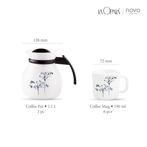 Image of La Opala Novo Collection Opal Glass Crockery | Coffee Set 7 pcs | Coffee Mug with Coffee Pot, Aqua Spray | for Tea & Coffee | Microwave Safe | 100% Vegetarian | Extra Strong | Light & White