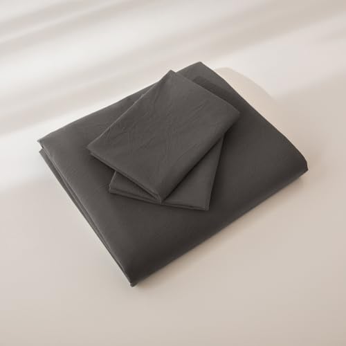 JIYUAN 100% Washed Cotton Duvet Cover Set 3 Pieces Full, 1 Duvet Cover 80x90 Inches(Comforter Not Included) and 2 Pillowcases,Linen Feel Bedding Set Comfy and Breathable,Solid Dark Grey