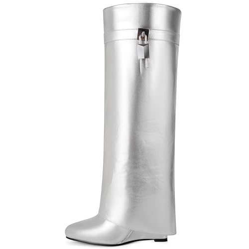 Image of Fold Over Boots for Women Pointy Pull-on Wedge Heel Knee Shark Boot With Side Zipper Padlock Design