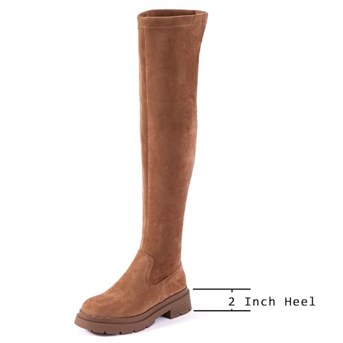 Mtzyoa Over The Knee Combat Boots for Women, Black Brown Suede Combat Platform, Side Zipper, Chunky Lug Sole, Round Toe, Thigh High, for Shopping Street Style3