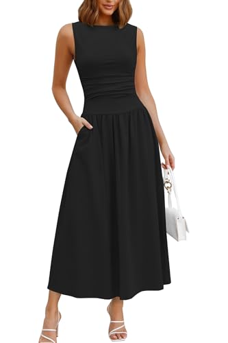 Image of Womens Summer Casual Midi Maxi Dress 2026 Sleeveless Ruched A Line Flowy Cocktail Wedding Guest Beach Long Sundress
