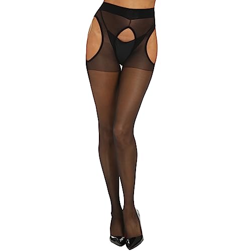 Yilanmy Suspender Tights for Women Sexy Crotchless High Waist Garter Stockings Sheer Suspender Pantyhose (Black L/XL)