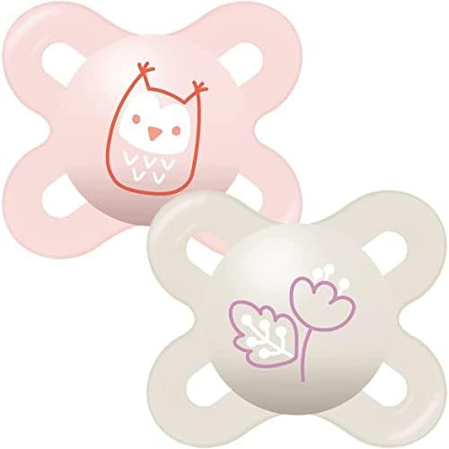 MAM Start Soothers 0-2 Months (Pack of 2), Baby Soothers with Self Sterilising Travel Case, Newborn Essentials, Pink/White (Designs May Vary)