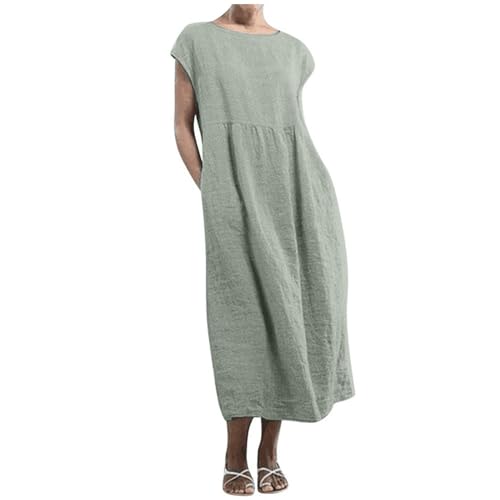 Vestido largo de algodón y lino mujer talla grande manga corta vintage lino