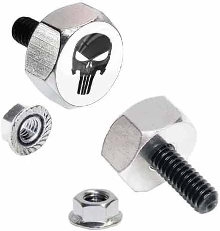 Hex Head Polished Billet Aluminum Universal Motorcycle License Plate Frame Fastener Tag Bolt Kit with High Resolution Gloss Graphics - Tactical Black Punisher Skull (2 Pcs)