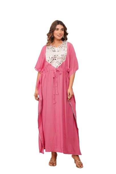 Elegant Mirror Work Kaftan for Women with Designer Neck & Adjustable Waist | Ethnic Wear. (Peach)-picture-48