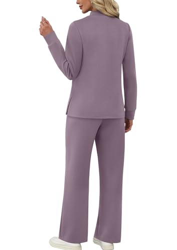 Image of WIHOLL Two Piece Sets for Women Fall Travel Vacation Outfits 2026 Long Sleeve Lounge Sets Side Slit Wide Leg Pants XS-3XL