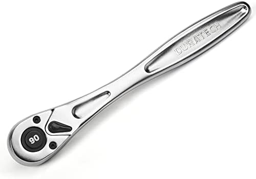 DURATECH 3/8 Inch Drive Ratchet Handle, Ratchet Socket Wrench, 90 Tooth, 8-3/8 Inch Length, Heavy Duty, Professional Ratchets, Quick-release Reversible, Premium Chrome Alloy Made, Polish Chrome Finish