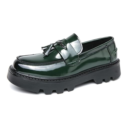 Men's Patent Leather Tassel Platform Slip-On Dress Loafers Non-Slip Round Toe Penny Shoes for Formal Business Work Wedding