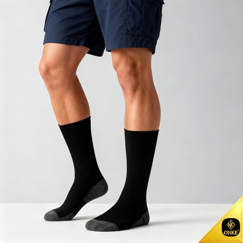 Image of ONKE Athletic Work Socks for Men Women Heavy Cushion Crew Moisture Wicking | Cotton, Max Full Cushion, Odor Control, Breathable, Comfortable, Durability, Anti Blister, Arch Support, Size M /L /XL 3 /6 Pack