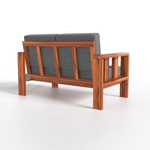 Image of Sheesham Wood 2 Seater Sofa Set with Cushions | Living Room & Office | Natural Teak Finish | Solid Wood Frame | Compact 2 Seater Design