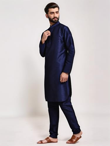 Image of SKAVIJ Men's Art Silk Solid Kurta Pyjama Set Festive Woven Design 2-Piece Ethnic Dress (KP055blue Blue S)