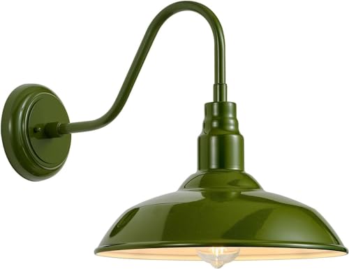 Image of 14in Outdoor Gooseneck Lights for Farmhouse, Barn Style Goose Neck Wall Light Fxiture with Wall Mount, Olive Green Exterior Porch Sconce for Patio, Garage, House