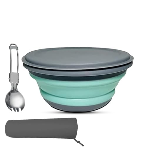 RMAMSCOV 1000ml Collapsible Camping Bowl with Lid,1 Pack Silicone Salad Bowl Serving, Microwave Foldable Soup Ramen Serving for Travel, Picnic, Rv(Blue)