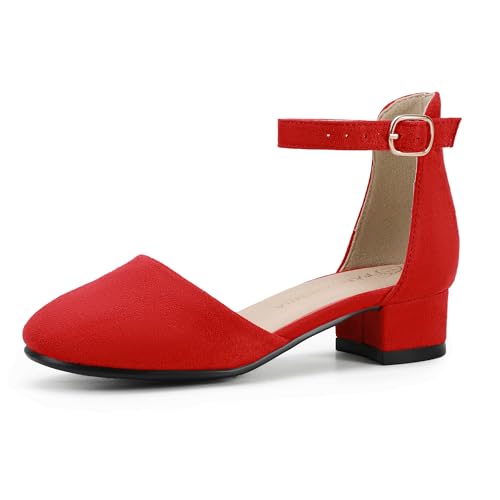 PANDANINJIA Girls Heels Dress Shoes Flower Girl Closed Toe Heels Ankle Strap Wedding Party School Miya Toddler Little Big Kid Pump Shoes(Red Suede 2 M US Little Kid) by PANDANINJIA - Used condition - US$23.32