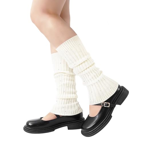 Junely Leg Warmers for Women Sequin Leg Warmer Knit Legwarmers for Boots Cute Kawaii Ballet 80s Figure Skating Dance Ice Skating Goth Fitness Gym Cutecore Emo Scene Grunge Yoga White