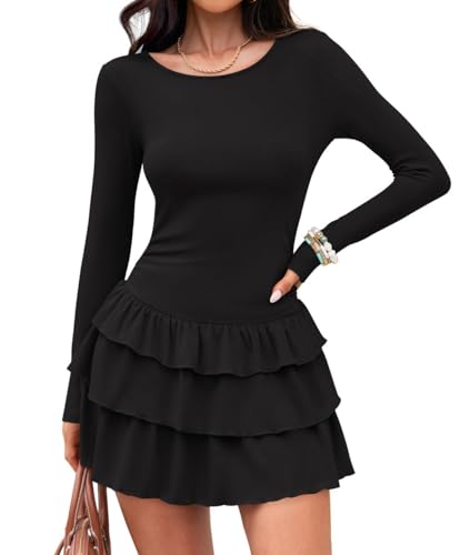 ZESICA Womens Long Sleeve Bodycon Mini Dress Ribbed Knit Crew Neck Ruffle Tiered Flowy Cocktail Party Dresses