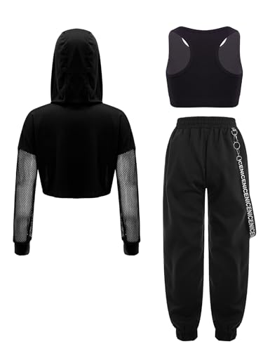 3Pcs Kids Girls Hip Hop Dance Outfit Hooded Vest with Tank Top Sweatpants Jogging Suits2