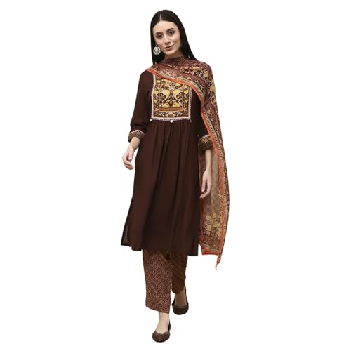 Image of BIBA Women Rayon Viscose Gathered Solid Suit Set