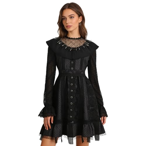 Women Costume Halloween Black Dress Long Sleeve Gothic Dress Outfits