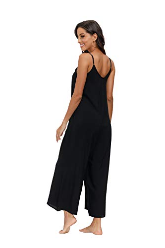 Wexcen Womens Floral Printed Jumpsuits Casual Sleeveless Spaghetti Strap Rompers Wide Leg Pants With Two Pockets (Pure Black, M) #TOP1