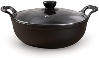 HomeEssentials Cast Iron Kadai with Glass Lid | Pre-Seasoned Iron Wok with Handles & Flat Base | Uncoated Kadai for Cooking | Compatible with Induction, Gas & Electric Stoves (25cm)