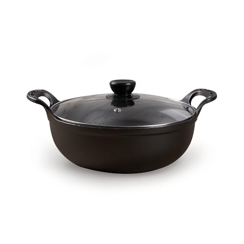 HomeEssentials Cast Iron Kadai with Glass Lid | Pre-Seasoned Iron Wok with Handles & Flat Base | Uncoated Kadai for Cooking | Compatible with Induction, Gas & Electric Stoves (25cm)