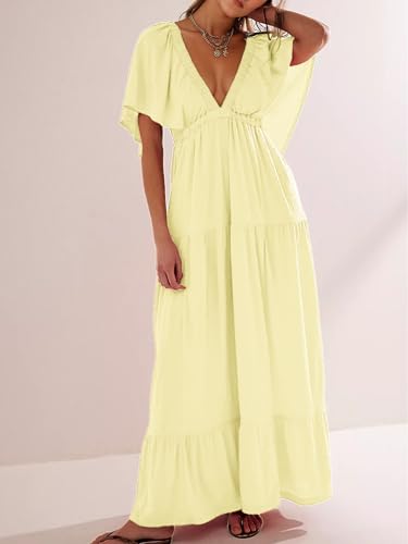Image of Kikibell Women Summer Dresses Sexy V-Neck Maxi Dress Tiered Silhouette with Flutter Sleeve Backless Elastic Waist Flowy Dress