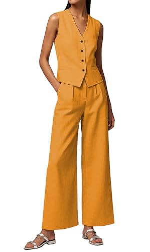 Mi Bo Tong Women's 2 Piece Outfits Linen Vest and Wide Leg Pants Casual Sleeveless Sets Summer Outfits