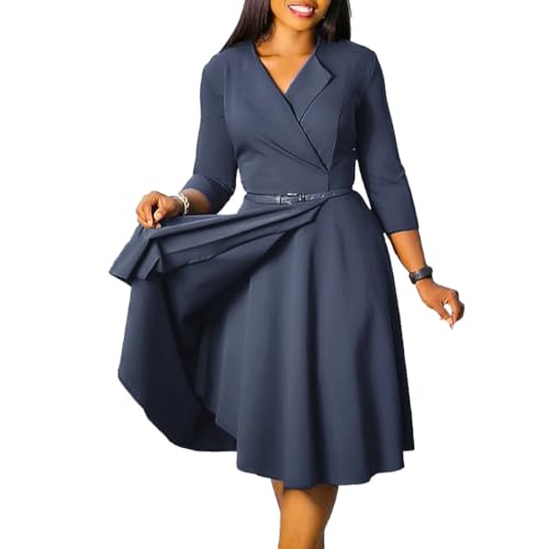 Image of Elainone Women 3 /4 Sleeve Casual Swing Flared A Line Dress Wedding Guest Semi Formal Office Work Dresses with Belt