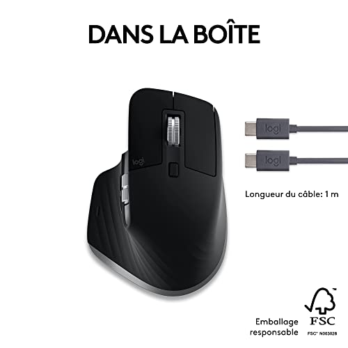 Logitech MX Master 3S pour Mac - Souris Bluetooth Sans Fil avec Défilement Ultra-Rapide, Ergonomique, DPI 8K, Suivi sur Verre, Clics Silencieux, USB-C, Apple, iPad - Space Grey