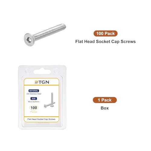 Image of DTGN M3-0.5 x 25mm Flat Head Socket Cap Screws, 100 Pack 304 Stainless Steel Hex Socket Flat Head Screws, Full Thread, Countersunk Bolts