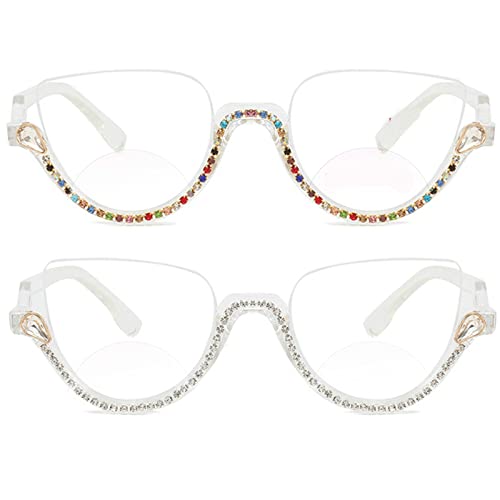 mincl 2Pcs Cat Eye Bifocal Reading Glasses for Women Bling Rhinestone Magnified Blue Light Blocking Reader Glasses (2pcs-colorful&white, 2.5, multiplier_x)