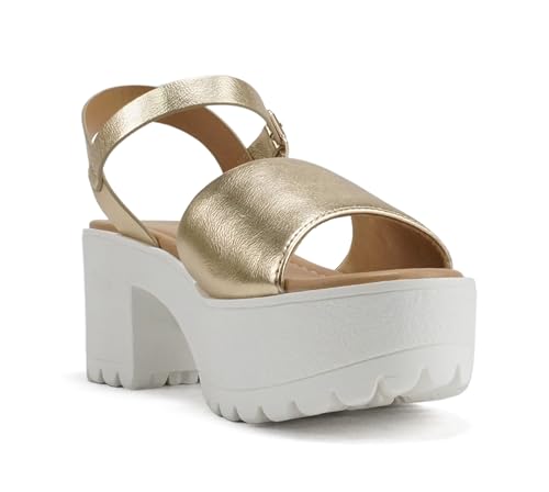 Image of Soda inchStacie inch ~ Women Open Toe Lug Sole Mid Block Heeled Sandals with Adjustable Ankle Strap