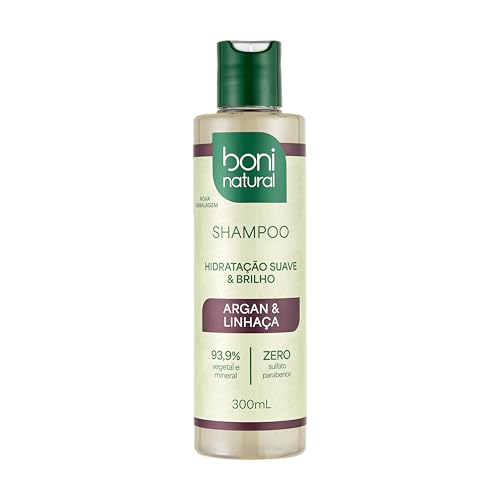 Shampoo Vegano e Natural de Argan e Linhaça, Para todos os tipos de cabelo, Hidratação e Brilho, Boni Natural, 300ml