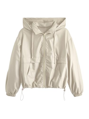 Verdusa Women's Zip Up Lightweight Windbreaker Jacket Sport Casual Workout Hoodie Outerwear with Pockets Rainy Day Outfits Apricot Small