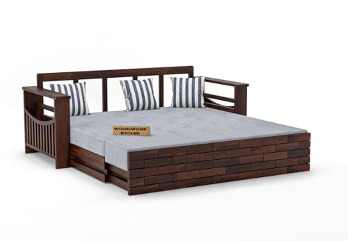 Image of Solid Sheesham Wooden Sofa Cums Bed with Mattresses for Living Room|Rosewood 3-Person Sofa Cums Bed for Bedroom Without Pillow (C-Walnut Finish)