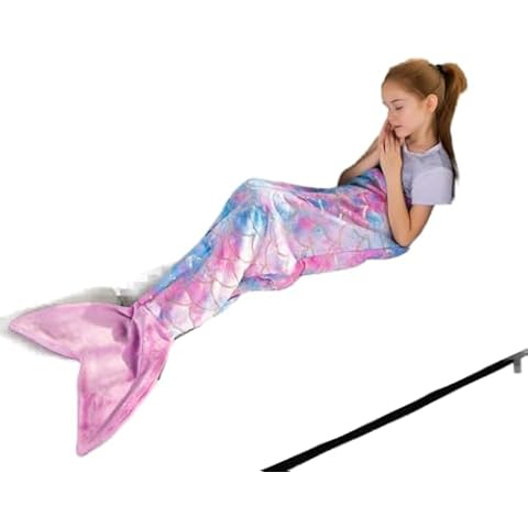 Mermaid Tail Blankets Glittering Wearable Cute Cozy Soft Flannel Rainbow Colorful Mermaid Tail Blanket for Kids 5~12 Year Cover