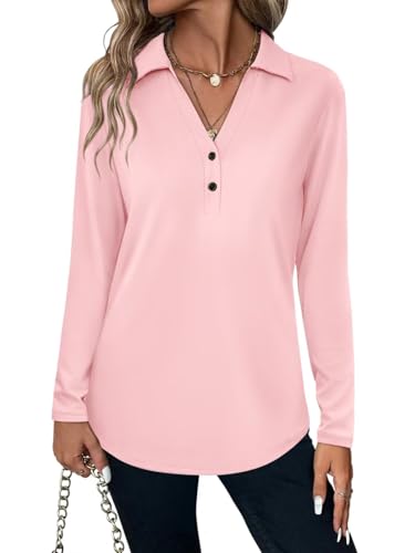 TICTICMISS Women's Collared V Neck Tops Long Sleeve Shirts Button Basic Casual Tunic Blouses Peach Pink