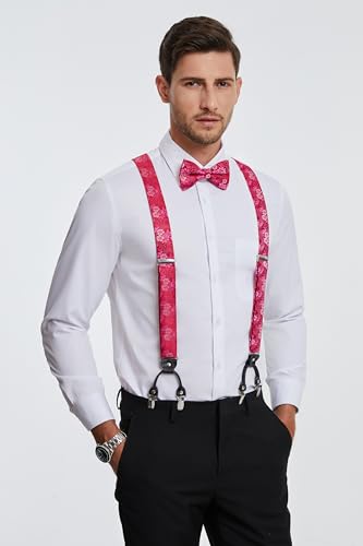 Image of HISDERN Suspenders for Men Paisley Floral Bow tie Suspender Pocket Square Sets Adjustable Y Shape 6 Clips Wedding Braces