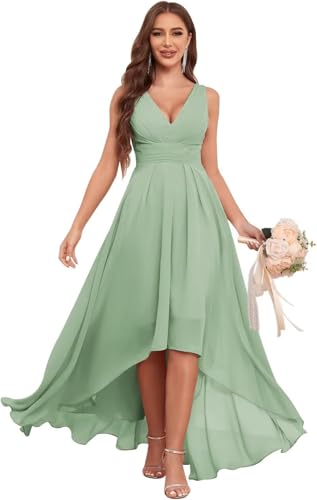 Image of Sukleet Chiffon Bridesmaid Dresses for Women with Pockets V Neck Ruched Short Formal Party Dress