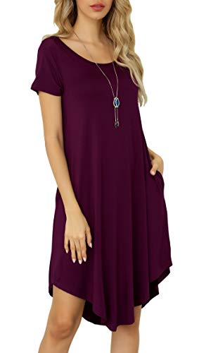 Invug INDRESS004_REGULAR_WINE RED_L Women Casual Loose Soft Crewneck Short Sleeve Pockets Swing T-Shirt Regular Hem Dress Wine Red L thumb #2