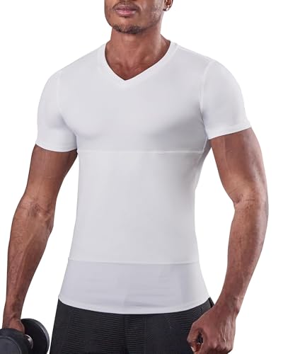 KOCLES Gynecomastia Undershirt V-Neck Chest Compression Shirt for Men Slimming Undershirt Body Shaper Shapewear Tummy Control - Hide Gyno and Loose Skin Belly Fat (X-Large White)