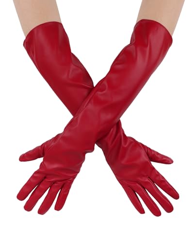 Aiphamy Womens Long Faux Leather Opera Gloves Elegant Elbow Length Evening Gloves for Party Costume Cosplay or Formal Wear (Red One Size)