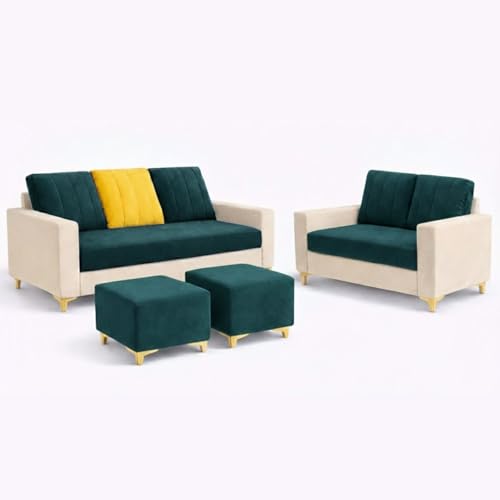 Image of Heaven Dual Tone Plush Velvet 3 Seater + 2 Seater Sofa Set with 2 Ottoman | Silken Velvet Suede Upholstery | Designer Sofa for Living Room & Office Spaces (Green Teal & Cream)