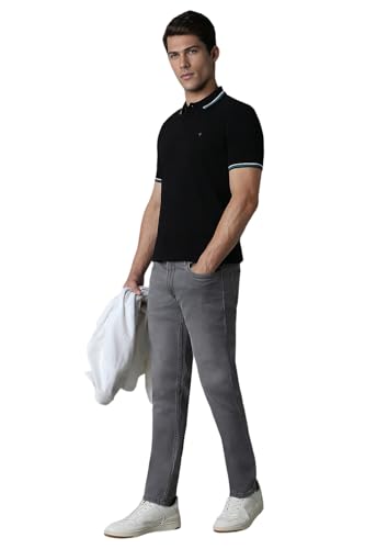 Louis Philippe Men's Slim Fit Textured Collar and Cuff Solid Pique Half Sleeve Polo T-Shirt with Stretch